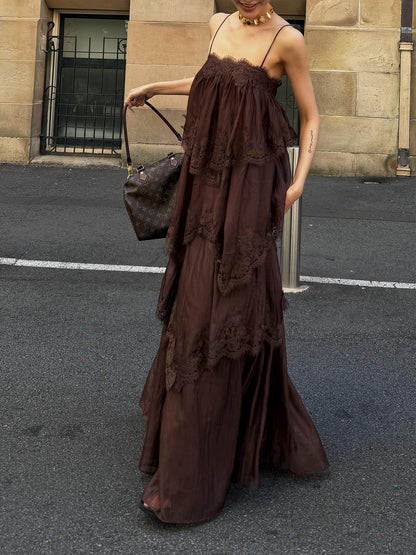 MEI SANGUAN Coffee & Beige Lace Camisole Dress - EMMA