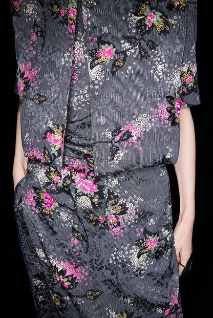 M essential Mackay designer cherry blossom print beads down short vest - LAND.