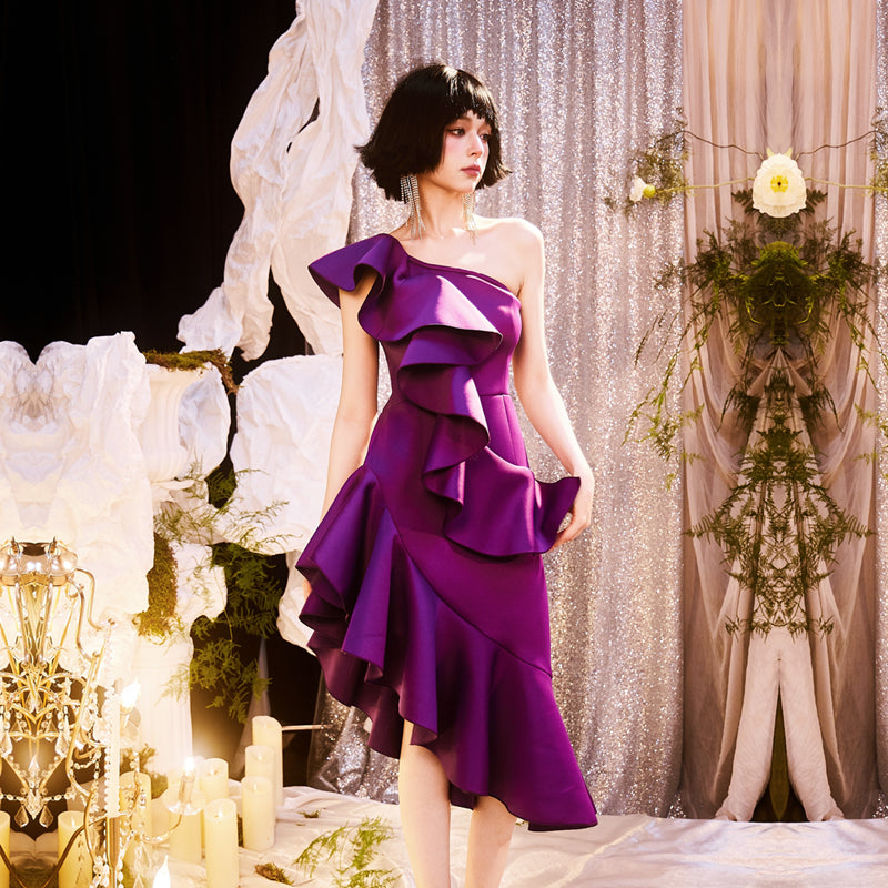 DOLLY Elegant Retro Style Deep Purple Ruffled Off Shoulder Midi Dress-PINKY