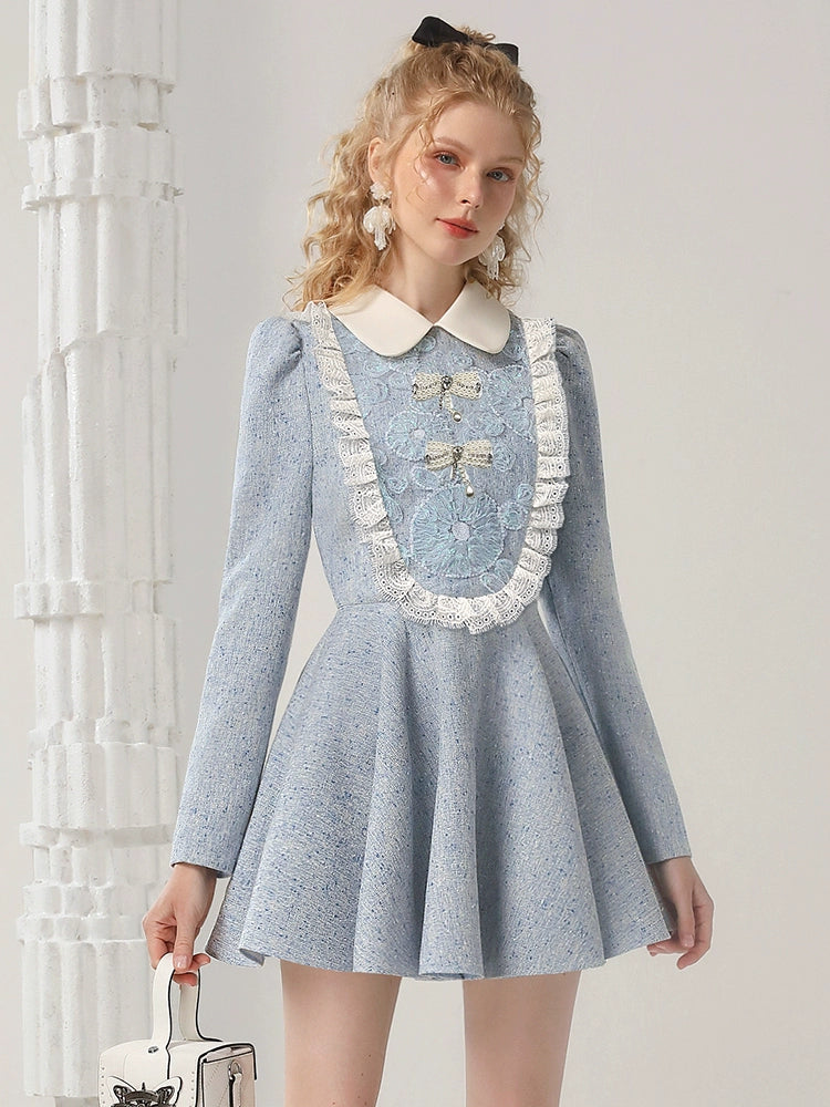 CHECOCRE Elegant Contrasting Lace Short Blue Dress Sweet Doll Collar - PUR