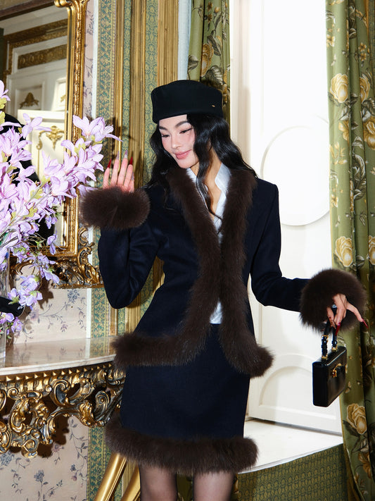 MEI SANGUAN Navy Wool Fox Fur Collar & Sleeve Suit - CALEB