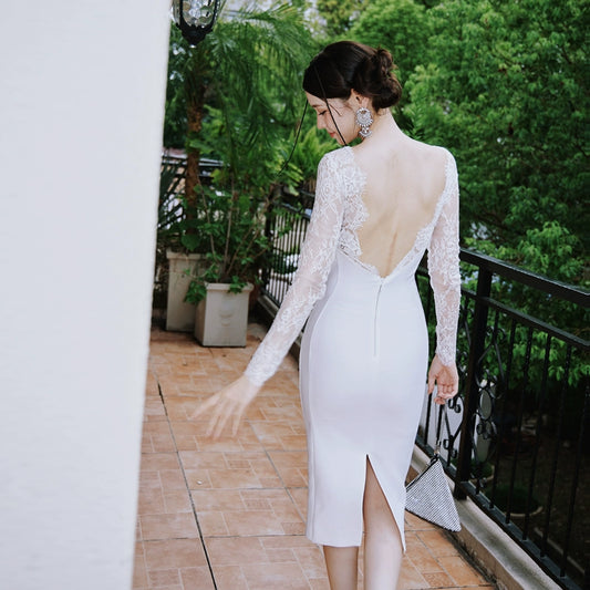 DOLLY Elegant White French Style Lace Long Sleeve Slim Fit Midi Wedding Dress-ZINA  (V)  *