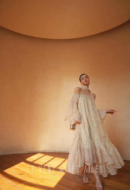 LE VENT&TES AILES Luxury off-Shoulder Lace Jacquard 3d Detailing white Dress- ZORA