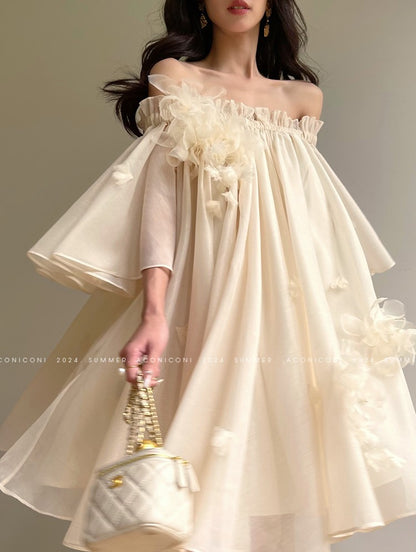 Aconiconi Luxury Off-Shoulder Flower Short Sleeve bridal baby doll Dress - Magnolia Lotus Fragrance