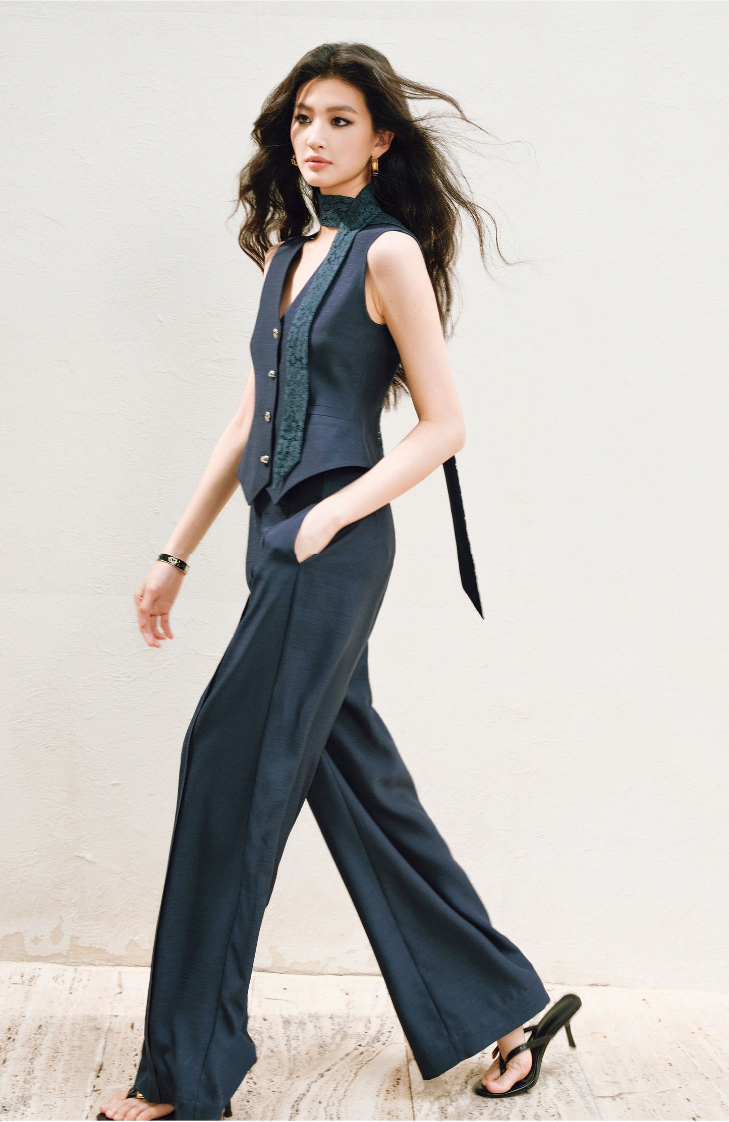 WANGXO |V-Neck Vest & Belted Straight Pants Intellectual Suit Set -NÉRA