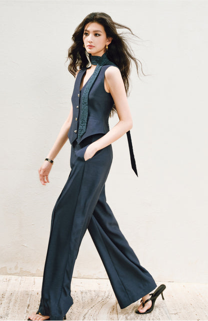 WANGXO |V-Neck Vest & Belted Straight Pants Intellectual Suit Set -NÉRA