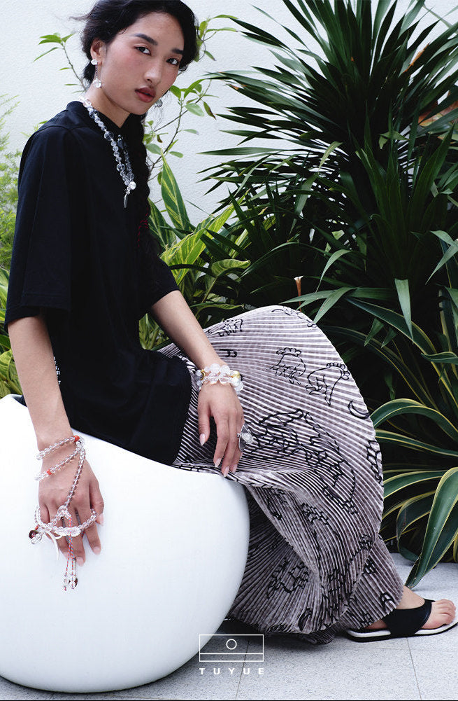 TUYUE Art Print Elastic Waist Pleated H-Shaped Maxi Skirt - ANDRE.