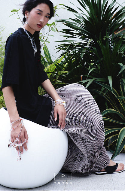 TUYUE Art Print Elastic Waist Pleated H-Shaped Maxi Skirt - ANDRE.