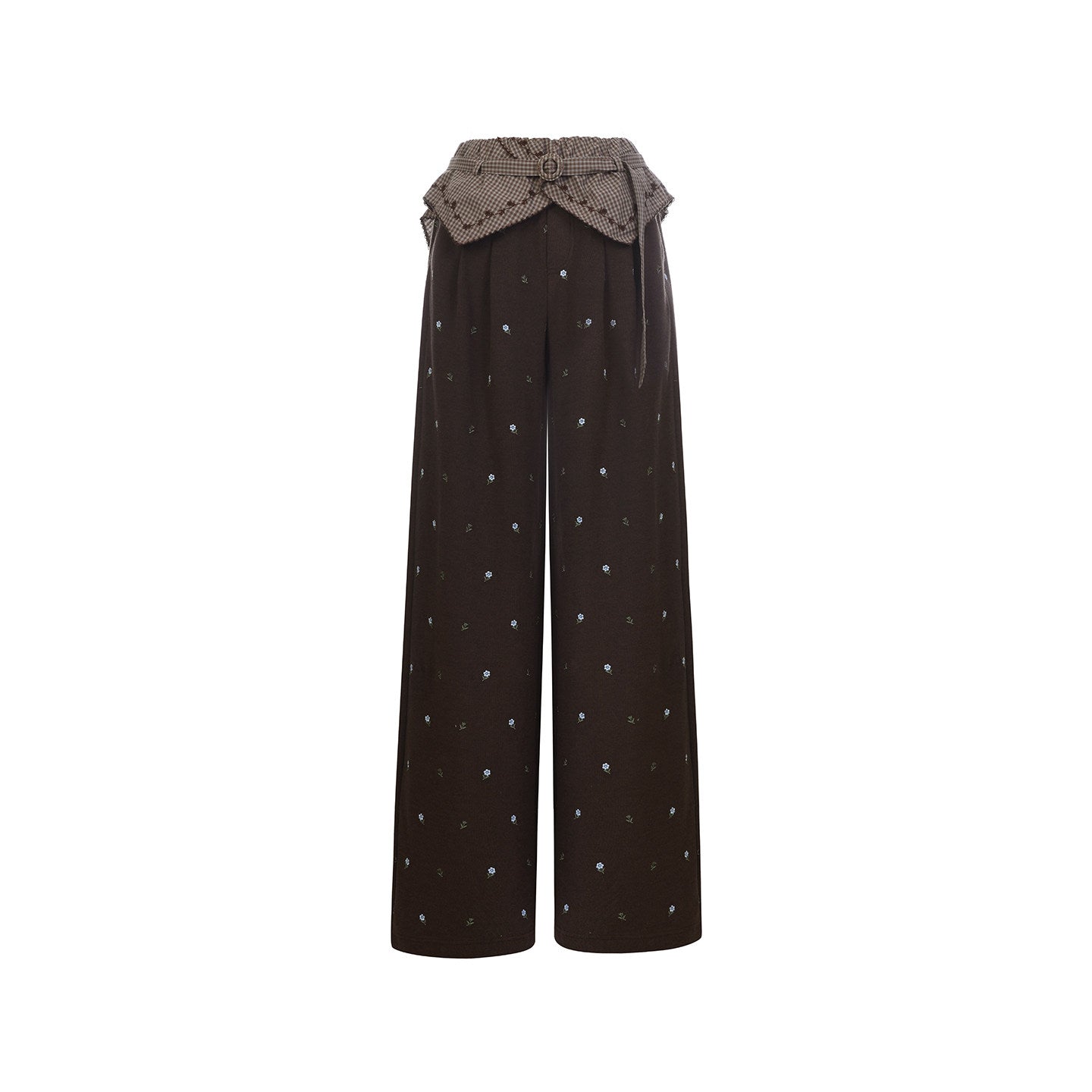 FAME Turn-Up Waist Vintage Check Trim Embroidered Pants - MACY.