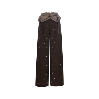 FAME Turn-Up Waist Vintage Check Trim Embroidered Pants - MACY.