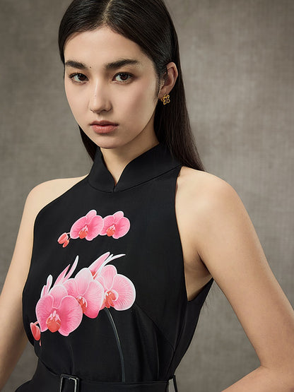 HECO Phalaenopsis Print Sleeveless Belted Short Dress  - QUITE.