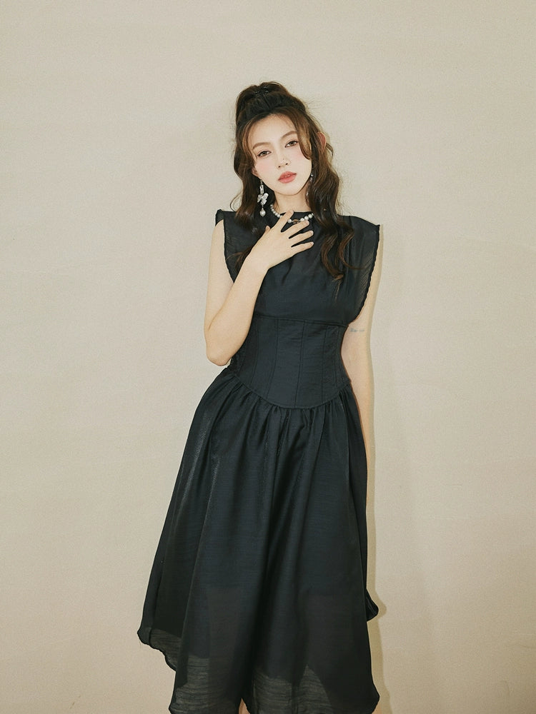 DOLLY High End Black Retro Flying Sleeve Pleated High Waist Midi Office Dress-BRANCA