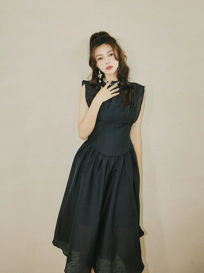 DOLLY High End Black Retro Flying Sleeve Pleated High Waist Midi Office Dress-BRANCA