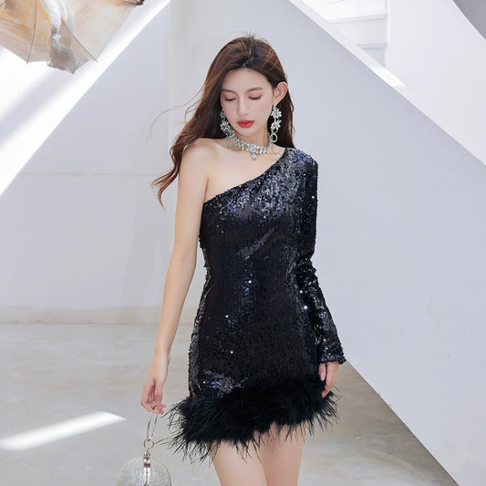 DOLLY Luxury Black Slopping Shoulder Long Sleeve Short Feather Dress-CAITTRIONA