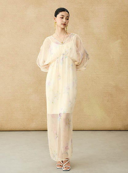 HECO Chinese Resort Style Flowing V-neck Dress - STONE.