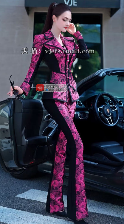 VJE Jacquard Suit Micro Flared Pants Two-Piece Set Slim OL Suit-NAMS.