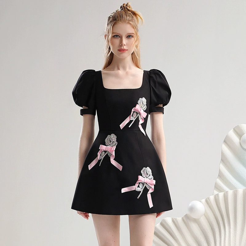 CHECOCRE New Three-Dimensional Beads Rose Bow Contrasting Little Black Dress - CHARLES
