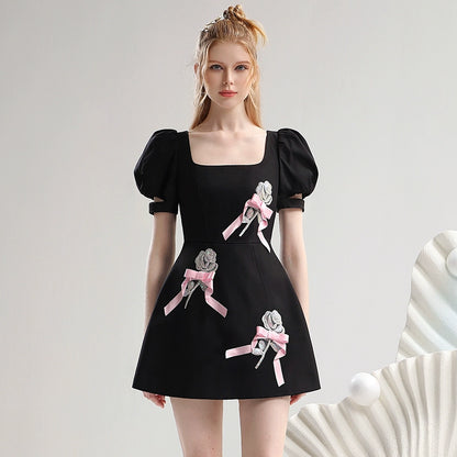 CHECOCRE New Three-Dimensional Beads Rose Bow Contrasting Little Black Dress - CHARLES