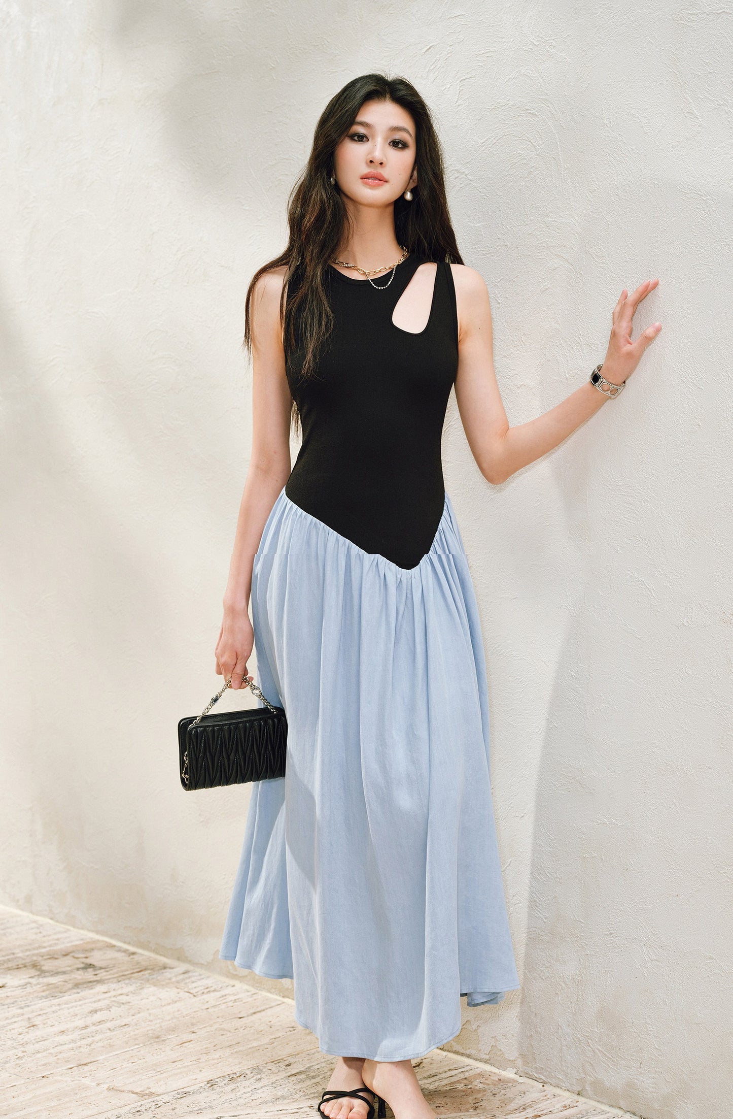 WANGXO |Tailoring Sleeveless Umbrella Hem Dress in Sculpted Casual Elegance -LUMA