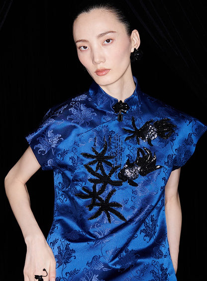 M essential Ma Kai designer Haiqing jacquard gag fish algae pattern nail bead top - CHEN.