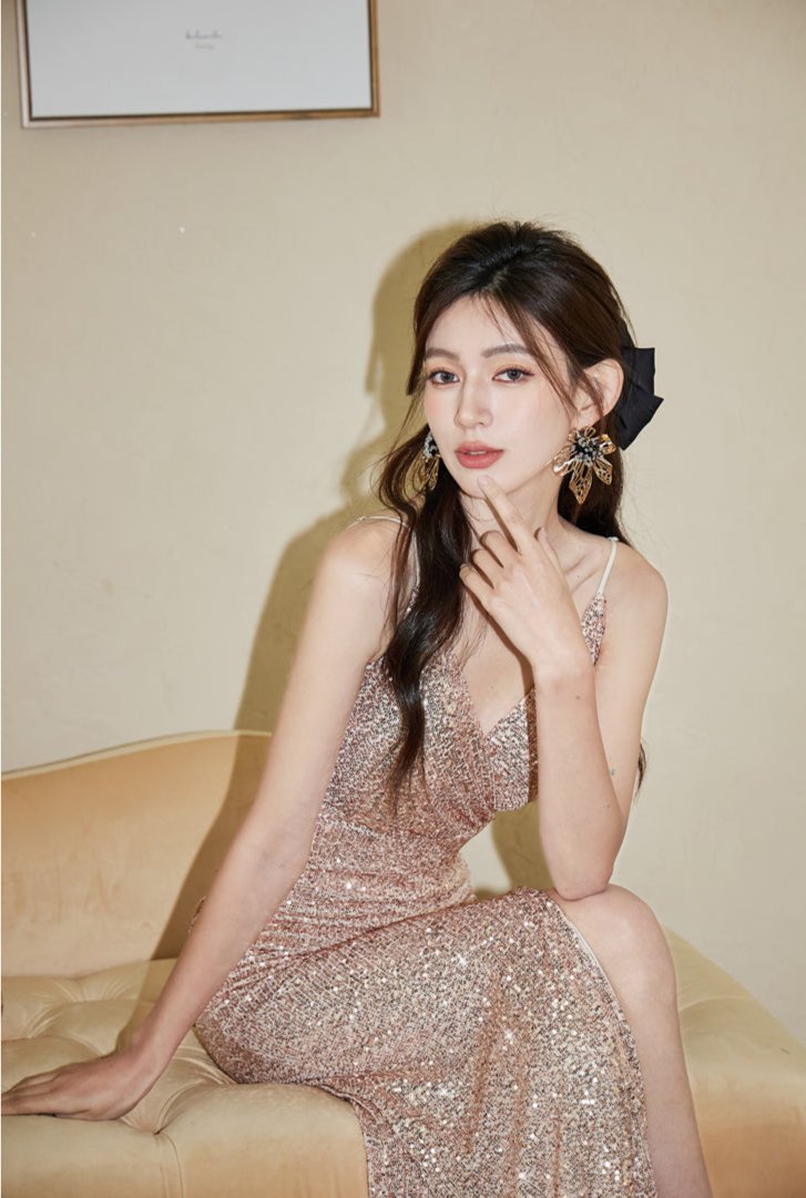 DOLLY Elegant Sleeveless V-Neck Sequin Slim Fit Slit Long Fishtail Cocktail Dress-ERIKA