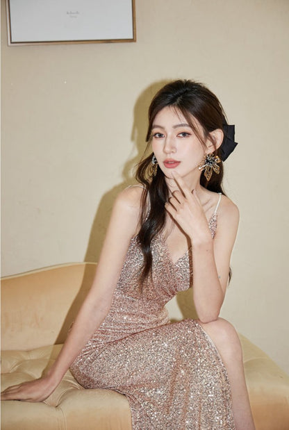 DOLLY Elegant Sleeveless V-Neck Sequin Slim Fit Slit Long Fishtail Cocktail Dress-ERIKA