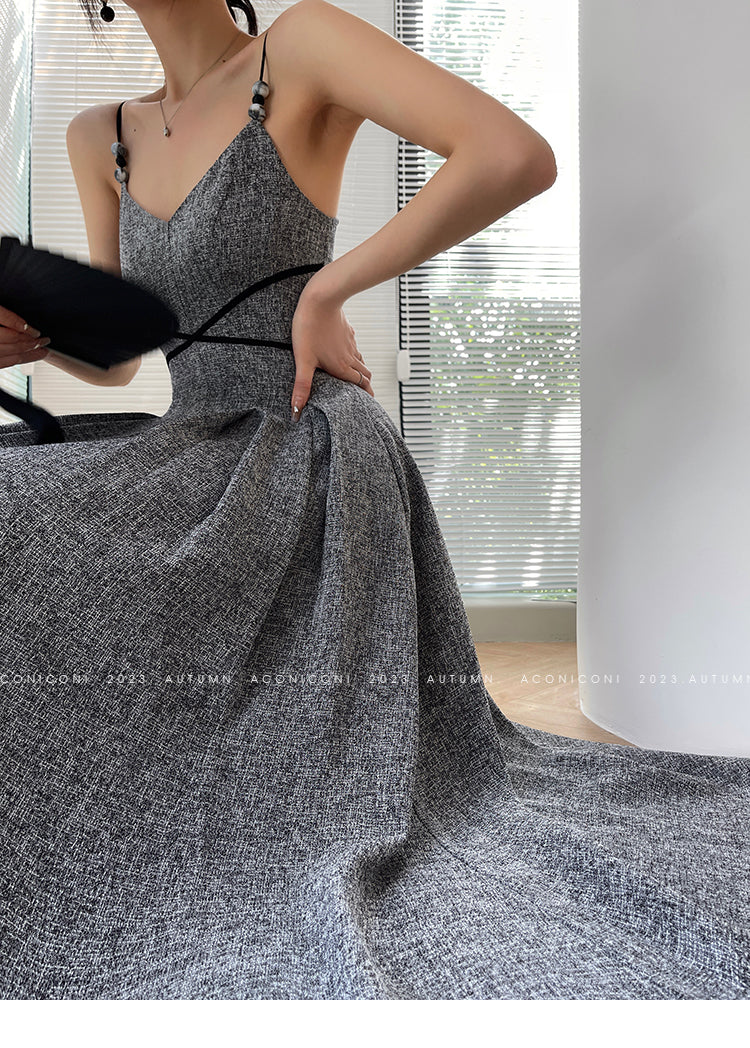 Aconiconi High End Gray V-Neck Sleeveless Hound Sooth Cocktail Dress- Kawashima Girl