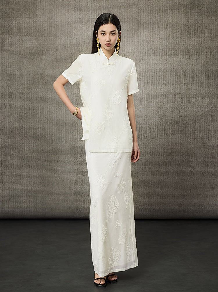 HECO Short Sleeve Mandarin Neckline Loose Summer Top - CENTER.