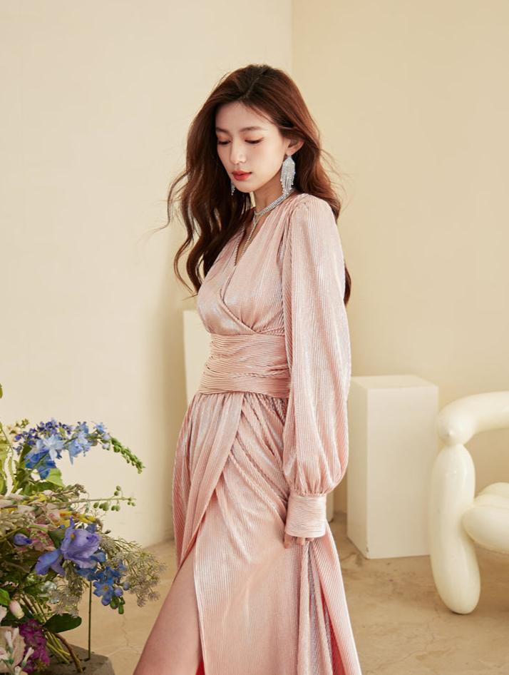 DOLLY Elegant Peach V-Neck Long Puff Sleeve High Waist Long Flowing Guest Dress-BESTY