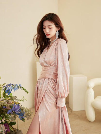 DOLLY Elegant Peach V-Neck Long Puff Sleeve High Waist Long Flowing Guest Dress-BESTY
