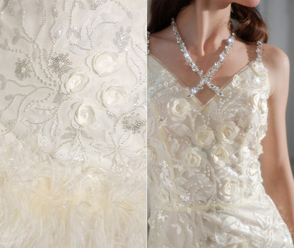 Wardrobes by Chen Luxury V-Neck Sleeveless Floral Feather Short bridal Dress-Shife