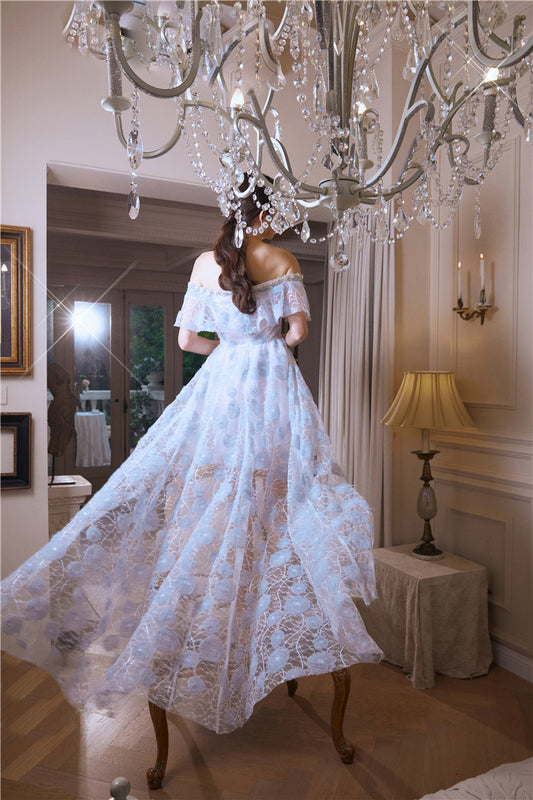 Wardrobes by Chen Luxury Sky Blue Off Shoulder Flower Wedding Dress-Athena