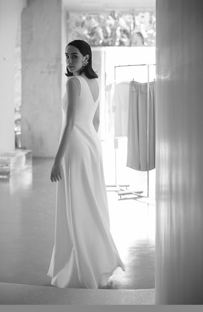 GOUDIN white long engagement outdoor light simple evening dress-TAB.