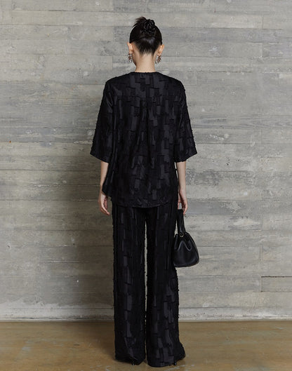 HECO Round Neck Square Tassel Design Texture Shirt Top Women - reign.