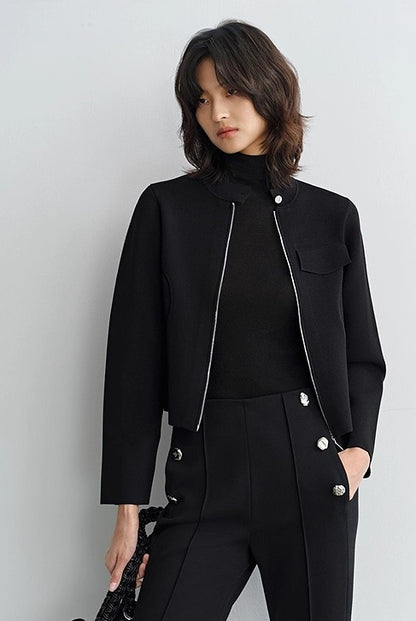 COMME MOI Lu Yan Designer's new women's small stand-up collar black knitted jacket - MEND.