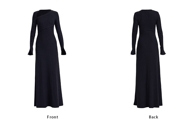 TINY IN knitted black slanted shoulder buttoned sleeves maxi dress-KURO
