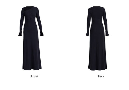 TINY IN knitted black slanted shoulder buttoned sleeves maxi dress-KURO
