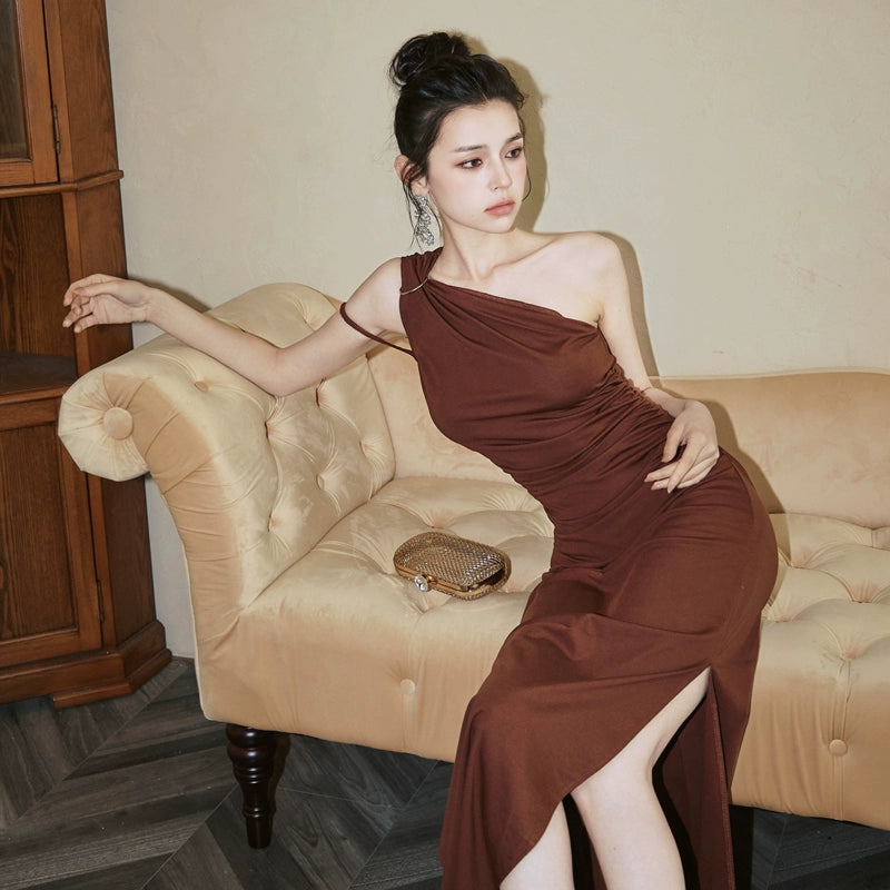 DOLLY High End Caramel Coffee Slant Collar Sleeveless High Waist Long Dinner Dress-CALYPSO  (V)