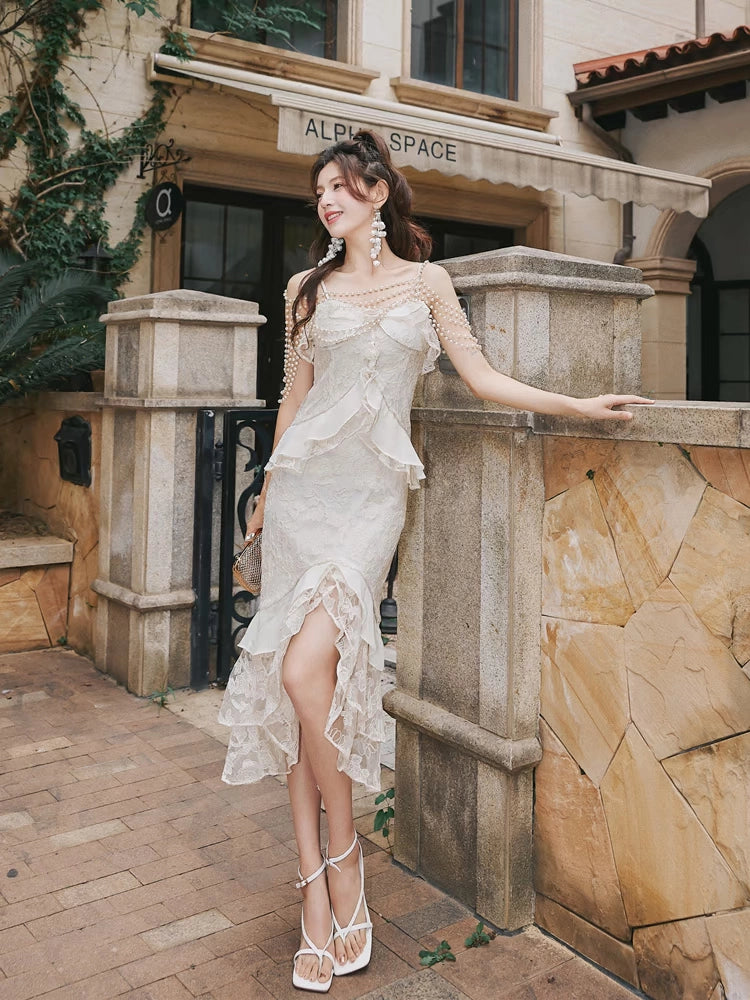 DOLLY Elegant French Style Cream Ruffled Lace Fake Two Piece Midi Dinner Dress-KAKA