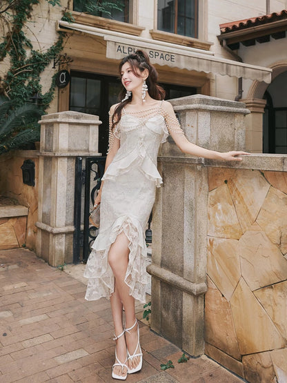 DOLLY Elegant French Style Cream Ruffled Lace Fake Two Piece Midi Dinner Dress-KAKA