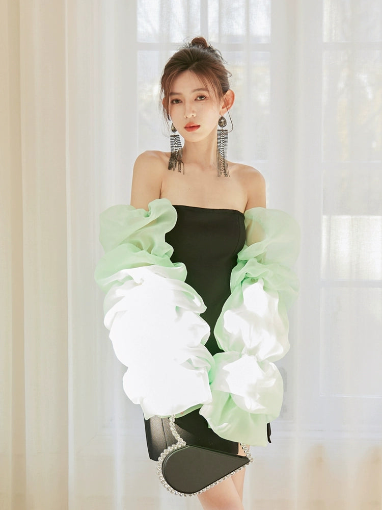 DOLLY Elegant Black Chest Wrap Long Puff Sleeve Slim Fit Short Slit Party Dress-KABRINA