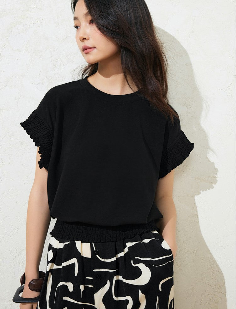 SUSHETencel Loose H-Shaped Wrap Waist Design Sense Short Sleeve T-Shirt Knit Top-RUTH