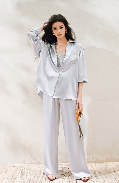 WANGXO | Hemp-Textured Acetate Satin  ight Luxury Lace Suspender, Shirt & Trousers Three-Piece Set- SARI