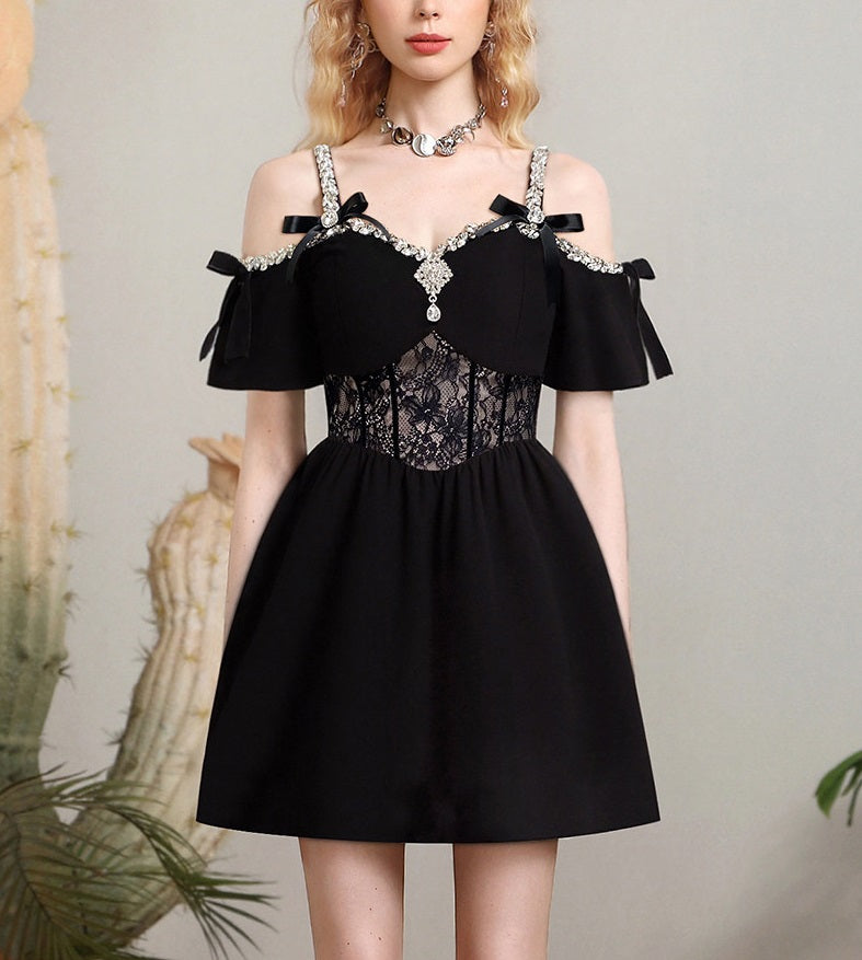 CHECOCRE summer new heavy design sense diamond chain bow dress - JOEL.