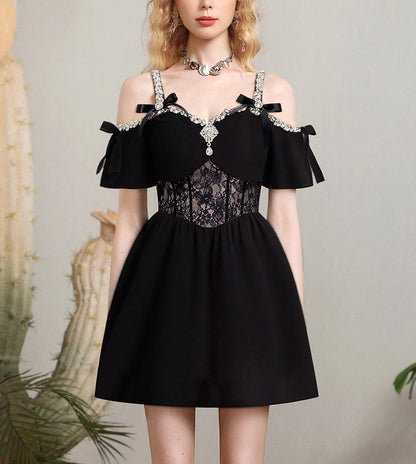 CHECOCRE summer new heavy design sense diamond chain bow dress - JOEL.
