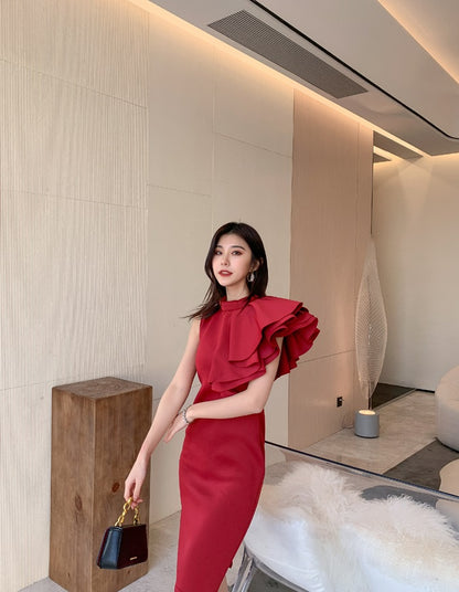 DOLLY High End Retro Style Sleeveless Ruffle Slim Fit Midi Church Dress-RAIN