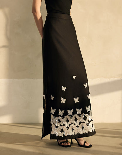 HECO Butterfly Embroidery black white High-waisted Straight Skirt Women - CODE.