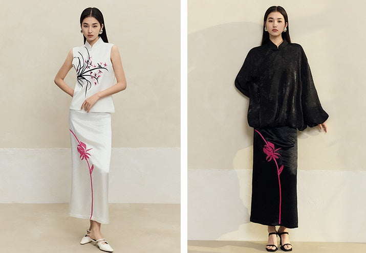 HECO 100% acetate rose embroidery texture black white skirt women - lifted.