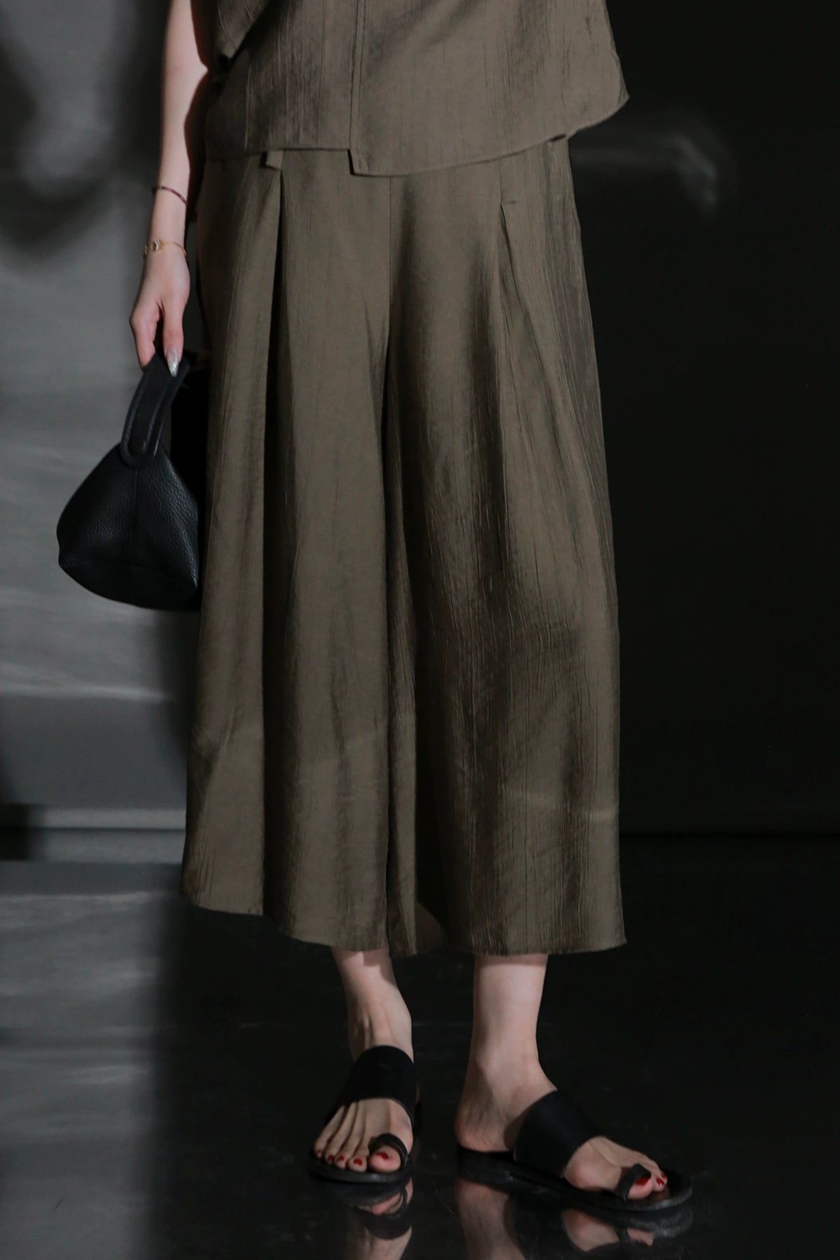 PIAOIN textured linen silk loose wide-leg cropped pants set summer-GISELLE.