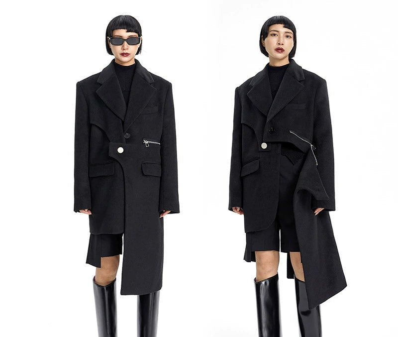 TINY IN Irregular Women's Black Woolen Coat Jacket - NARU